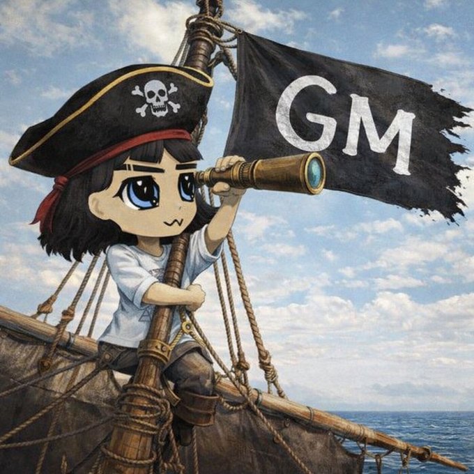 An anime-style illustration of a chibi pirate girl with a skull-and-crossbones hat looking through a telescope, with a black pirate flag reading 'GM' in the background.