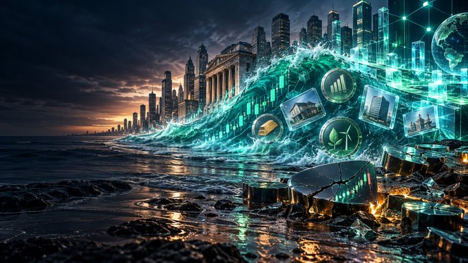 A dramatic digital art piece depicting a city skyline with massive glowing green waves crashing onto a shore, featuring financial charts and icons representing environmental/sustainable investment themes.