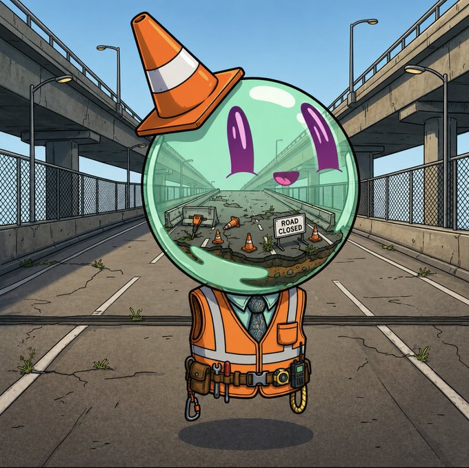 A translucent ghost-like character wearing an orange traffic cone and high-visibility vest stands on a cracked highway beneath an overpass, with a "ROAD CLOSED" sign visible in its hollow interior, symbolizing a shutdown that has now been lifted—mirroring the announcement that "The Strange is now open" and the mint is live.
