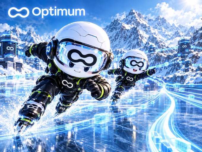 A vibrant promotional image for Optimum featuring two cute astronaut characters with infinity symbol helmets flying through a snowy mountain landscape with digital data streams and futuristic servers, with the Optimum logo displayed in the top left.