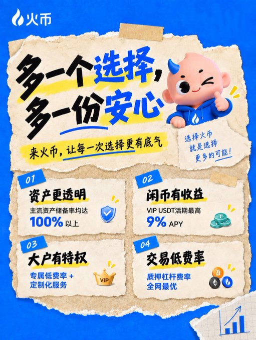 A Chinese promotional advertisement for "火币" (Huobi) cryptocurrency exchange, featuring a cartoon mascot and highlighting benefits like "100%" asset transparency, "9% APY" for VIP USDT, exclusive VIP services, and low trading fees.