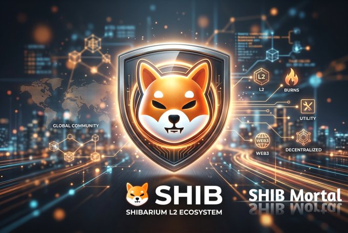A promotional graphic for SHIB (Shibarium L2 Ecosystem) featuring a metallic Shiba Inu dog emblem on a shield, surrounded by icons representing L2, Burns, Utility, Web3, and Decentralized features, branded as SHIB Mortal.