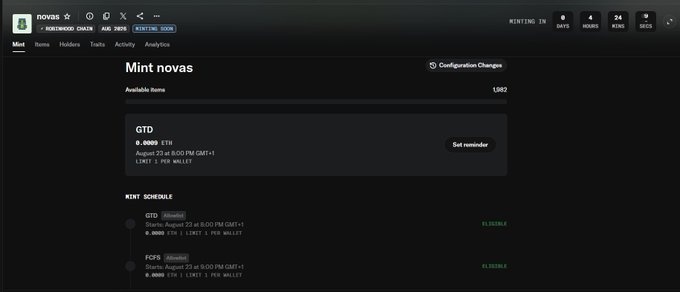 Screenshot of a Magic Eden NFT marketplace page showing "Mint novas" with a listed GTD NFT item at 0.0005 ETH, scheduled for August 25 at 8:00 PM GMT+1.