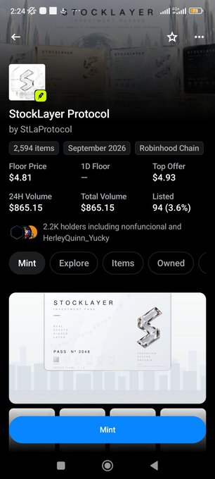 A smartphone screenshot displays the 'Stocklayer Protocol by StLaProtocol' app page on Robinhood Chain, showing a floor price of $4.81, 24h volume of $865.15, and a blue 'Mint' button.