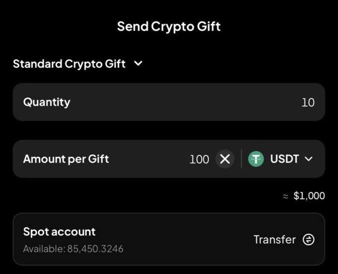 The image shows a "Send Crypto Gift" interface where the user is configuring a giveaway of 10 standard crypto gifts at 100 USDT each, totaling approximately $1,000. This relates to the post by demonstrating the setup of a crypto giveaway prize pool, suggesting the poster is using a Binance-style crypto gifting feature to send prizes like the $250 or $350 amounts mentioned in their giveaway.
