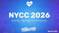A blue promotional banner displaying "NYCC 2026 Events, Signings & Community" with the VIZ Media and New York Comic Con logos, marked as "Booth: 3.327".