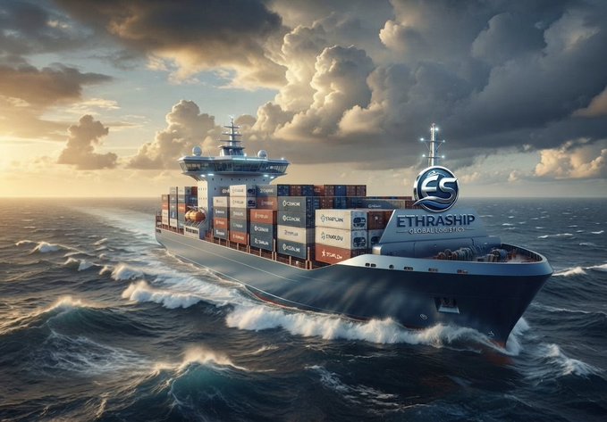 A dramatic digital illustration of a large container ship named 'ETHRASHIP GLOBAL LOGISTICS' sailing through rough ocean waters under a cloudy sky at sunset.