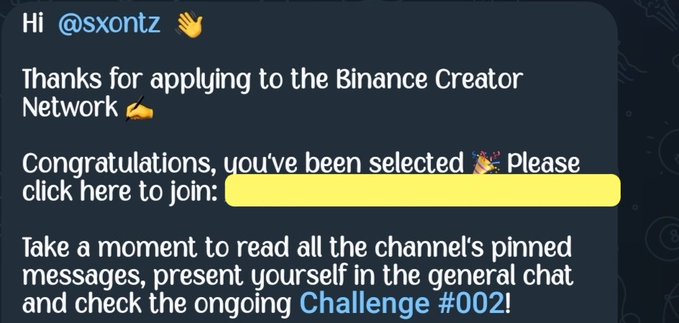 A Discord message congratulates @sxontz on being selected for the Binance Creator Network, with a yellow-highlighted invite link.