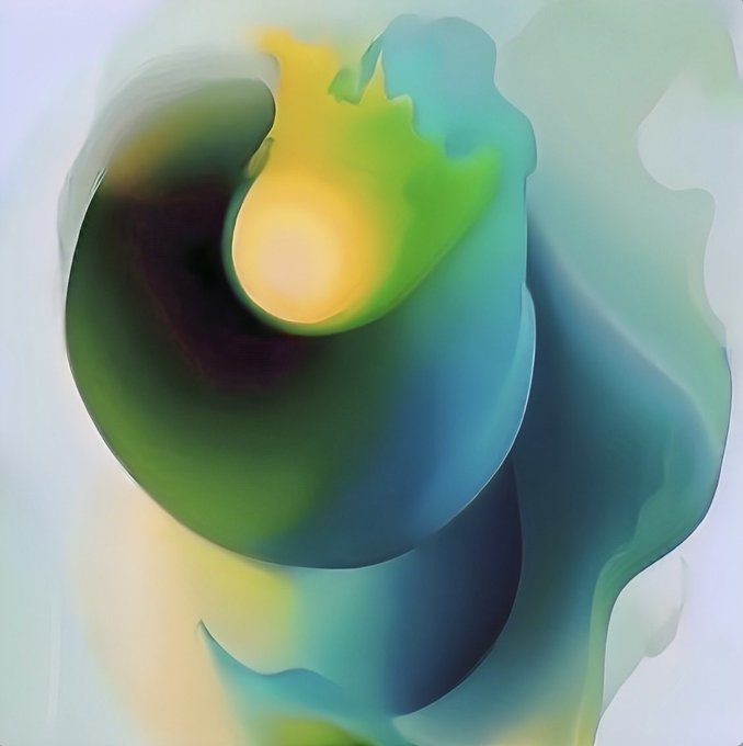 The image features a digital art piece with a unique blend of colors and shapes. The artwork has a green, yellow, and blue color scheme, creating an abstract and visually striking composition. The background appears to be white or light blue, which contrasts with the vibrant colors used in the foreground. The artist's name is also included within the image.