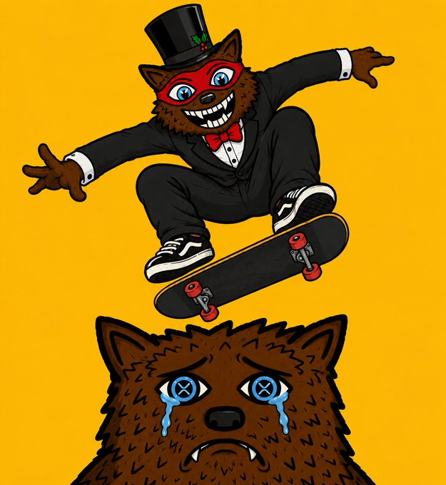 A cartoon illustration on a yellow background showing a smiling anthropomorphic cat in a tuxedo and top hat performing a skateboard trick, with the skateboard hovering above a sad, crying wolf head with X eyes below.