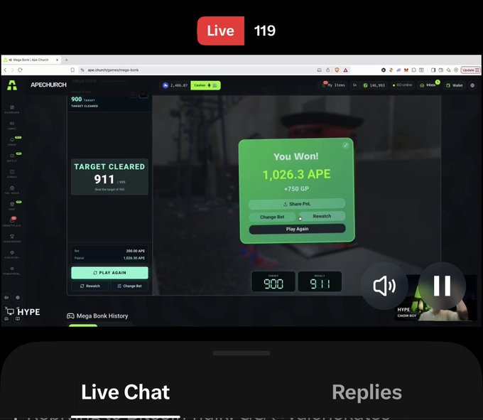 A live stream screenshot showing a gaming session on the APE.CHURCH platform, displaying 'You Won! 1,026.3 APE' with options to Share PvP, Change Bet, and Rewatch, alongside a 'TARGET CLEARED 911' notification.