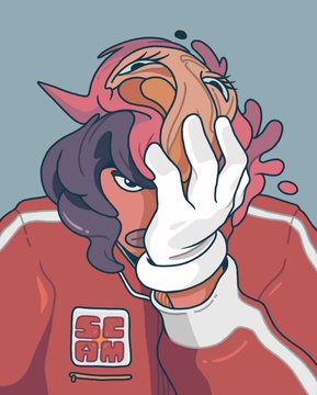 A digital illustration of a character with pink hair and horns pulling their face open to reveal a colorful, melting interior, with 'SG RM' text in the corner.