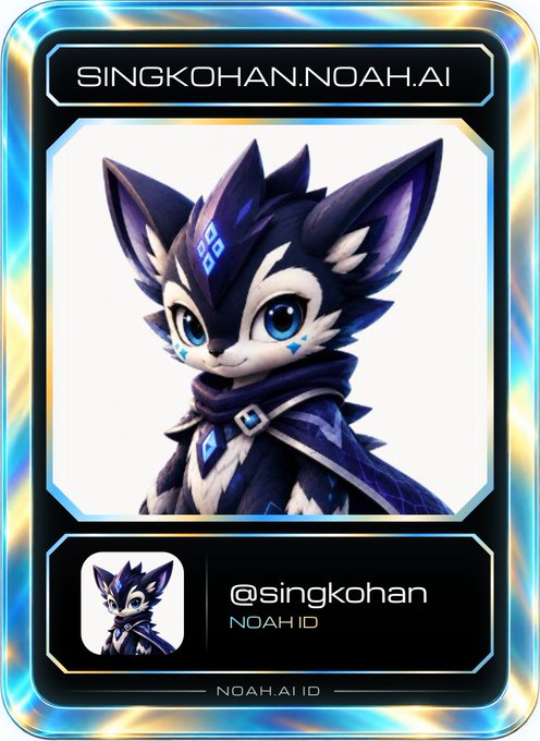 A digital ID card labeled 'SINGKOHAN.NOAH.AI' featuring an anime-style anthropomorphic character with blue and purple fur.