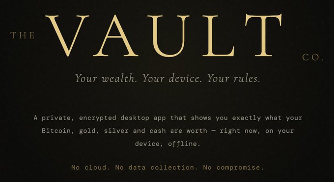 Promotional graphic for 'The Vault Co.' featuring the tagline 'Your wealth. Your device. Your rules.' and describing a private, encrypted desktop app for tracking Bitcoin, gold, silver, and cash offline.