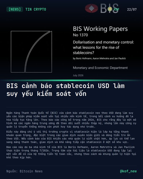 News graphic featuring a BIS Working Paper No 1370 titled 'Dollarisation and monetary control: what lessons for the rise of stablecoins?' by Boris Hofmann, Aaron Mehrotra and Jan Paulick, with Vietnamese headline 'BIS cảnh báo stablecoin USD làm suy yếu kiểm soát vốn' warning about USD stablecoins weakening capital controls.