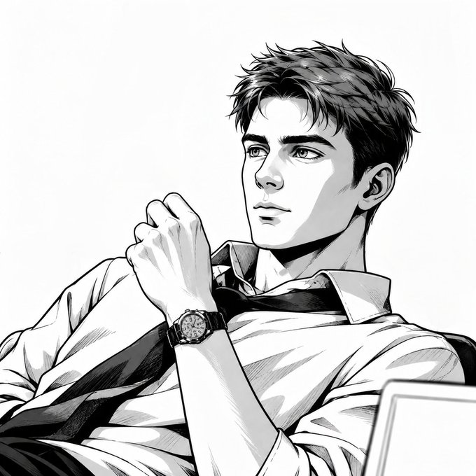 A black and white anime-style illustration of a man in a white shirt and black tie, wearing a wristwatch and looking to the side.