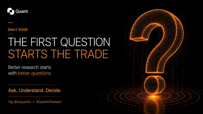 A glowing orange question mark on a black background accompanies text reading "DAILY EDGE: THE FIRST QUESTION STARTS THE TRADE — Better research starts with better questions. Ask. Understand. Decide." The visual reinforces the post's message that smart trading begins with curiosity and asking the right questions before opening a chart.