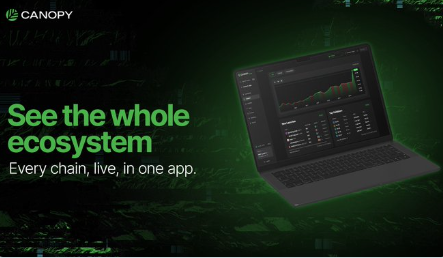 A promotional banner for Canopy featuring a laptop displaying a trading interface with the text 'See the whole ecosystem - Every chain, live, in one app.'