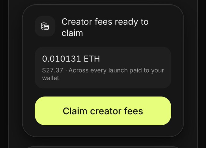 A notification shows "Creator fees ready to claim" with 0.010131 ETH ($27.37) earned across every launch paid to the wallet, featuring a bright yellow "Claim creator fees" button. This aligns with the post's claim of making $27 in low-effort earnings on Pons by farming $SI tokens.