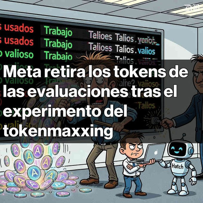 Cartoon illustration showing a frustrated man with a baseball bat standing among scattered tokens, captioned 'Meta retira los tokens de las evaluaciones tras el experimento del tokenmaxxing', with a child and robot labeled 'Hatch' nearby.