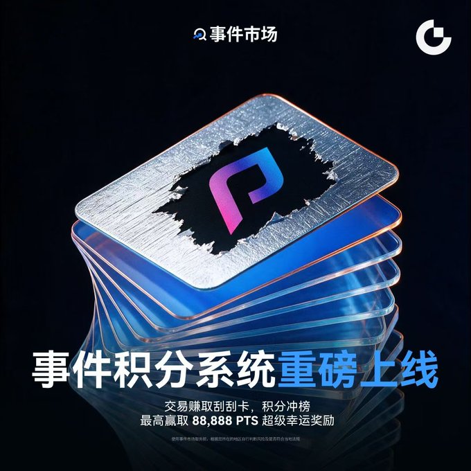 A promotional banner for Gate.io's "事件市场" (Event Market) announces the launch of a new "事件积分系统" (Event Points System), featuring stacked metallic cards revealing a "P" logo at the center. The text highlights that users can earn scratch cards through event contract trading and compete for up to 88,888 PTS in prizes through a points-based ranking system.