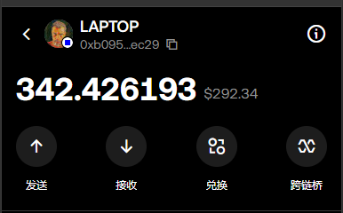 A cryptocurrency wallet interface displays a LAPTOP token balance of 342.426193 (worth $292.34) at address 0xb095...ec29, with buttons for sending, receiving, swapping, and bridging in Chinese. The image relates to a giveaway post offering 300 $LAPTOP tokens to 20 winners, highlighting the token's trading value and on-chain presence.