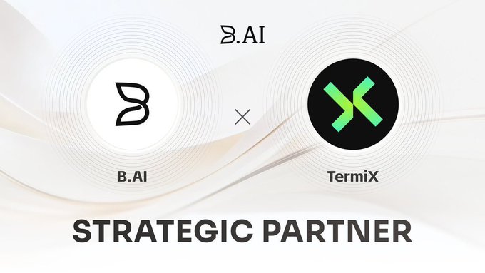 A promotional graphic showing 'B.AI × TermiX' as 'STRATEGIC PARTNER' with logos for both companies on a white background.