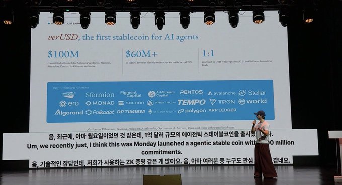 A presentation slide displays information about 'verUSD, the first stablecoin for AI agents' with details '$100M committed LP launch', '$60M+ in signed revenue already committed to settle in verUSD', and '1:1 reserved 1:1 USD with regulated U.S. institutions, issued via Stripe'.