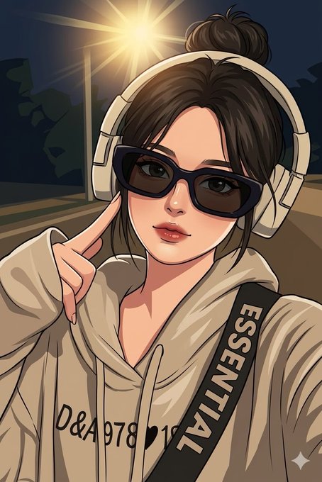 An anime-style illustration of a young woman wearing sunglasses, headphones, and a beige hoodie with 'ESSENTIAL' on the strap and 'D&A 978' on the front, posing at night under a streetlight.