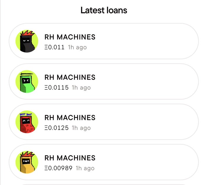 A 'Latest loans' interface displays four recent transactions all from 'RH MACHINES' showing loan amounts of Ξ0.011, Ξ0.0115, Ξ0.0125, and Ξ0.00989 (in ETH) from 1 hour ago, each with colorful character avatars.