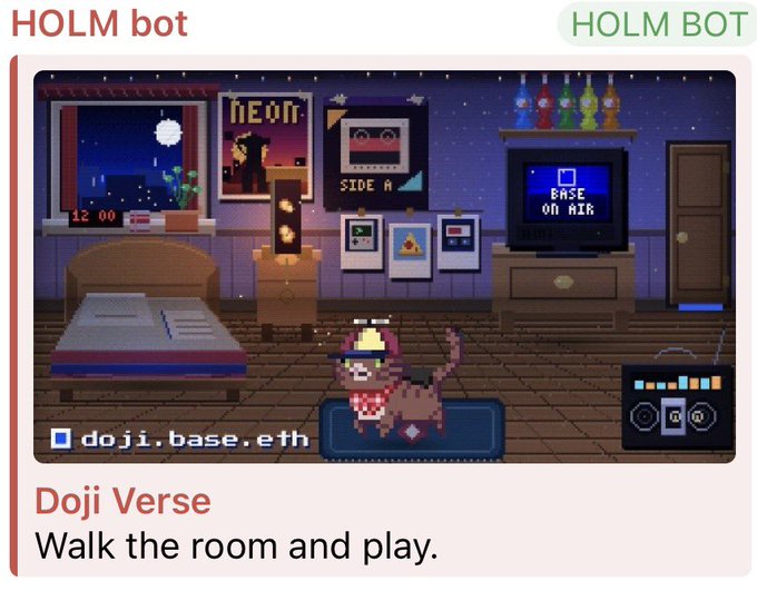 A screenshot of the HOLM BOT interface showing a pixel-art game called 'Doji Verse' with a dog character in a room; text reads 'Walk the room and play' and shows 'doji.base.eth'.