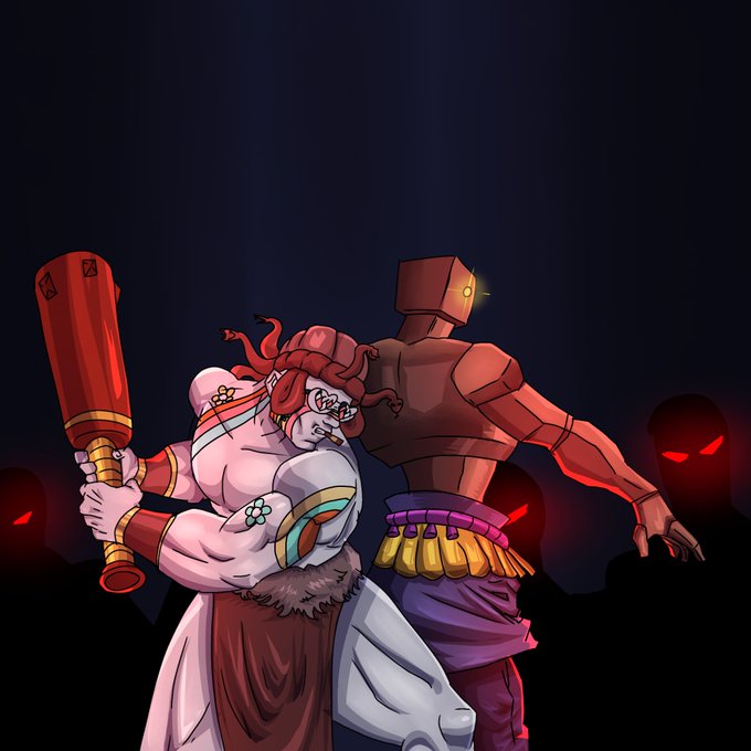 A digital illustration of a muscular warrior with red hair wielding a large club, standing back-to-back with a red golem-like figure against a dark background with shadowy figures.