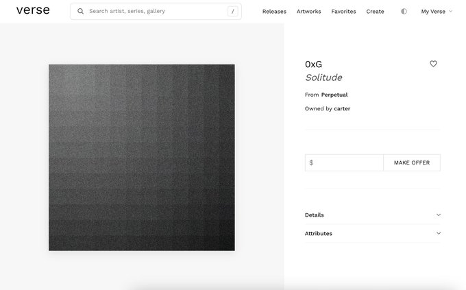 A screenshot from Verse (verse.works) displays the NFT "Solitude" by artist 0xG from the "Perpetual" collection, owned by carter, with a minimalist black textured artwork and an option to make an offer.