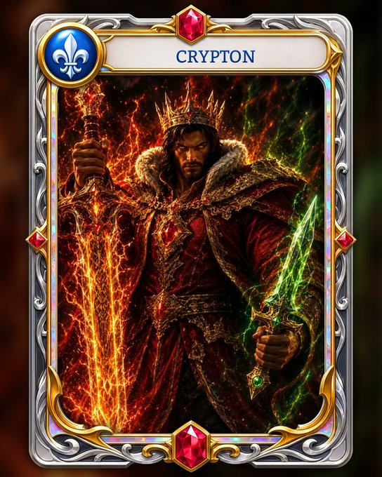 A fantasy NFT trading card titled "CRYPTON" depicting a crowned king wielding a flaming red sword in one hand and a glowing green sword in the other, surrounded by ornate silver and gold framing with red gemstones. The card represents Crypton, a hero in the Humans category of the @ZARGATES Heroes of Valdir NFT Collection, shown as a powerful regal warrior worthy of votes before the voting deadline.