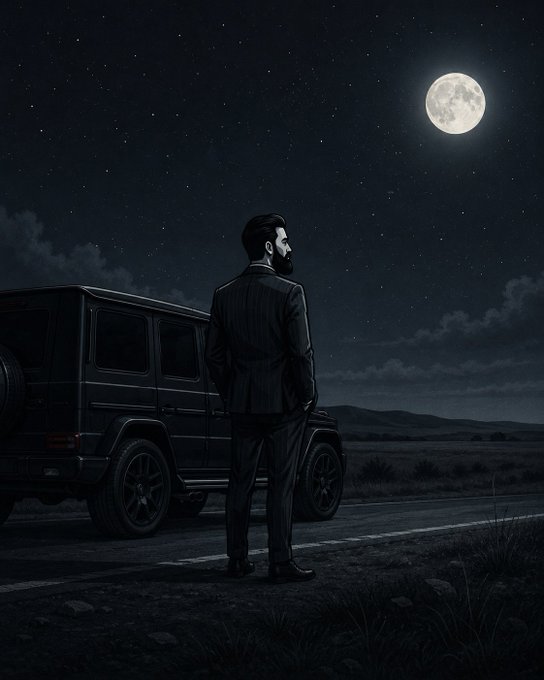A stylized illustration of a bearded man in a dark suit standing beside a black SUV under a full moon and starry night sky.