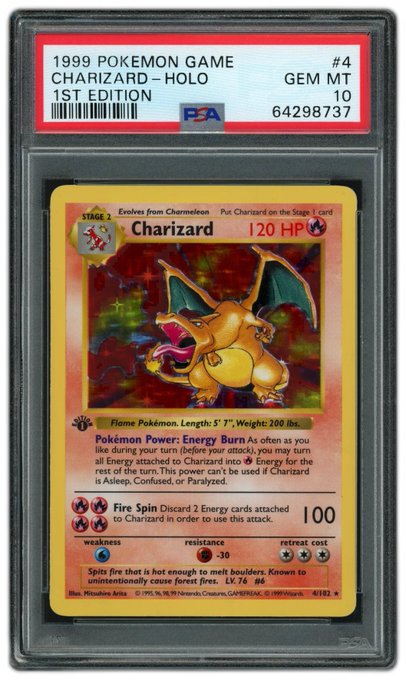 A PSA-graded 1999 Pokémon 1st Edition holographic Charizard #4 card, rated GEM MT 10 with certification number 64298737.