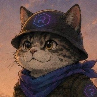 A digital illustration of a tabby cat wearing a military helmet with an 'R' logo and a blue scarf.