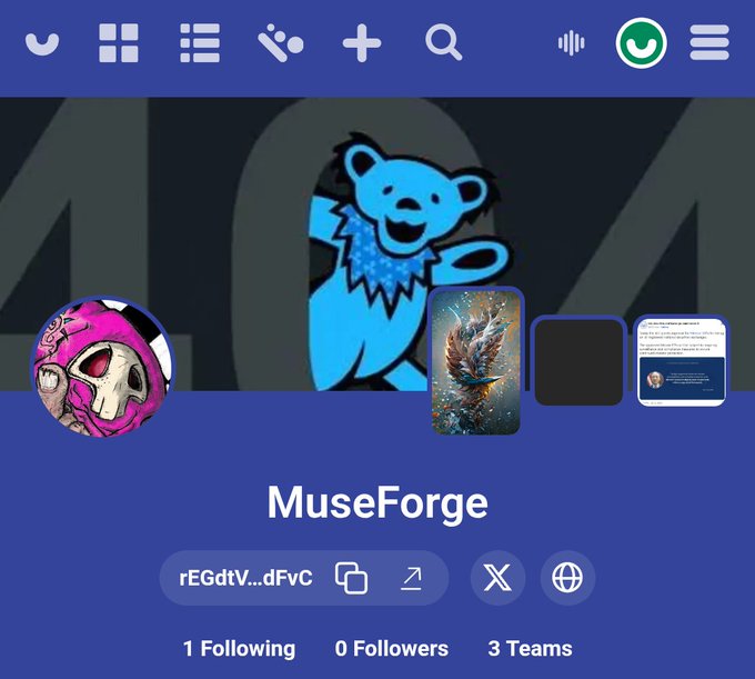 A profile page for "MuseForge" featuring a blue Grateful Dead bear logo, with a pink skull profile picture and statistics showing "1 Following", "0 Followers", and "3 Teams".