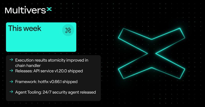 The image shows a presentation slide with a green x symbol, which appears to be a logo or icon for a tech company named @MultiversX. The background of the slide has a black and white patterned design. Below the x symbol is a list of bullet points providing information about the company's recent developments in technology.