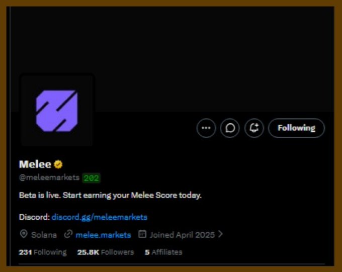 A Twitter/X profile for "Melee" (@meleemarkets) announcing that Beta is live with 25.8K followers and a Discord link.