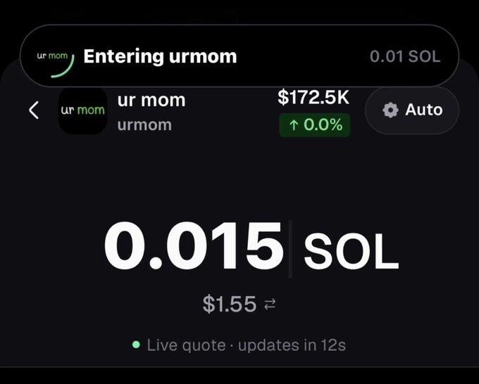 A cryptocurrency trading interface showing the 'urmom' token entering at '0.01 SOL' with a live quote of '0.015 SOL' ($1.55) and a market cap of '$172.5K'.