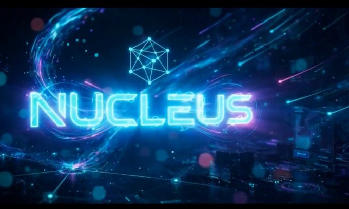 A futuristic neon-style graphic displays the word "NUCLEUS" in glowing blue letters beneath a geometric network logo against a cosmic background.