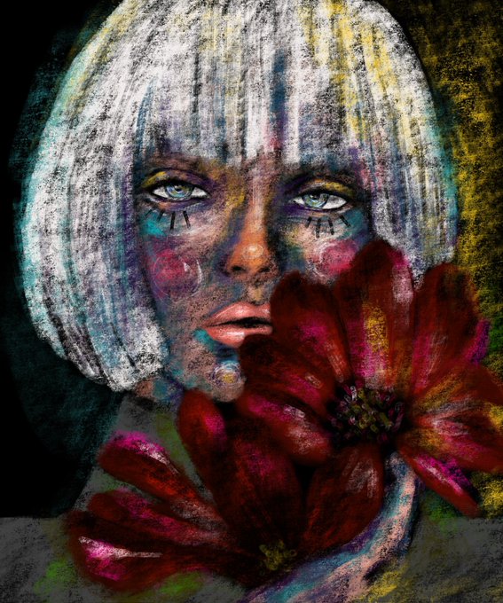 A textured, painterly portrait shows a figure with a white bob haircut, colorful eyeshadow, and dramatic dark eyebrows, partially obscured by large, deep red flowers in the foreground.