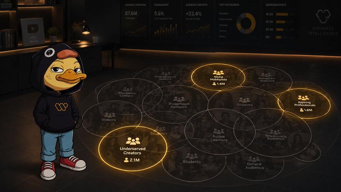 The image features a cartoon illustration of a duck wearing a black sweater standing in front of a computer screen, which displays a scatter chart or graph with circles representing different creator IDs. There are several creator names written inside these circles along with their corresponding numbers, such as "One thing @wallchain Select is exposing is how inefficient creator distribution can actually be when audience overlap is ignored A campaign can onboard hundreds of creators and still keep reaching the same people repetitively That creates the illusion of scale without necessarily". The duck in the image seems to be contemplating this chart or graph.
