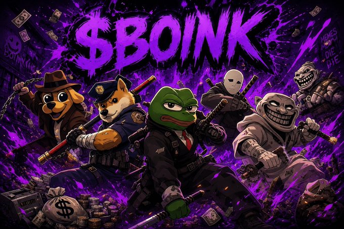 The image features a cartoon scene with five characters dressed in suits and ties, including a frog holding a gun. The text "SBOINK" is written above them, indicating that they are part of a group or team named SBOINK. The characters appear to be engaged in a fight or battle, suggesting that the post might be related to a game or competition involving these characters.