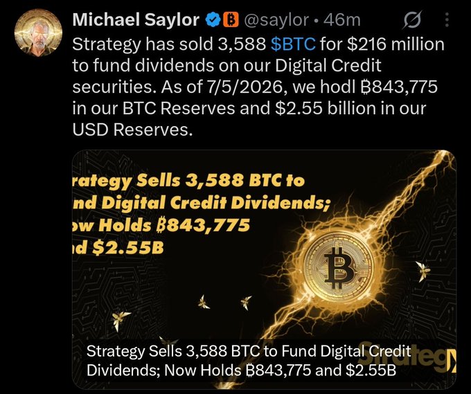 A tweet from Michael Saylor (@saylor) announcing Strategy sold 3,588 BTC for $216 million to fund Digital Credit dividends, with reserves of ₿843,775 BTC and $2.55 billion USD.