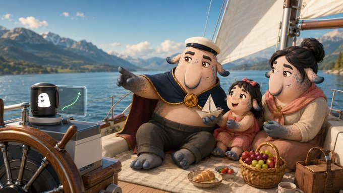 An animated, stylized illustration shows a troll-like sailor family (a father with a hook, a mother, and a child) sitting on a boat deck with a picnic basket, while a small robot at the wheel displays a ghost icon.