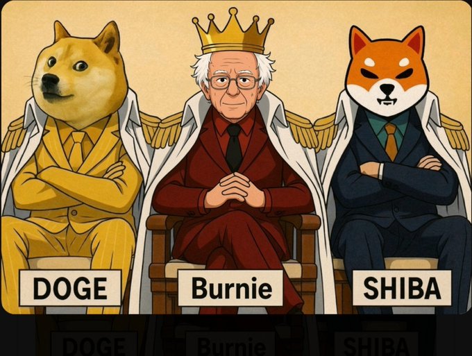 A cartoon illustration depicts three figures seated as if on a throne: a Doge dog labeled 'DOGE', Bernie Sanders wearing a crown labeled 'Burnie', and a Shiba Inu dog labeled 'SHIBA'.