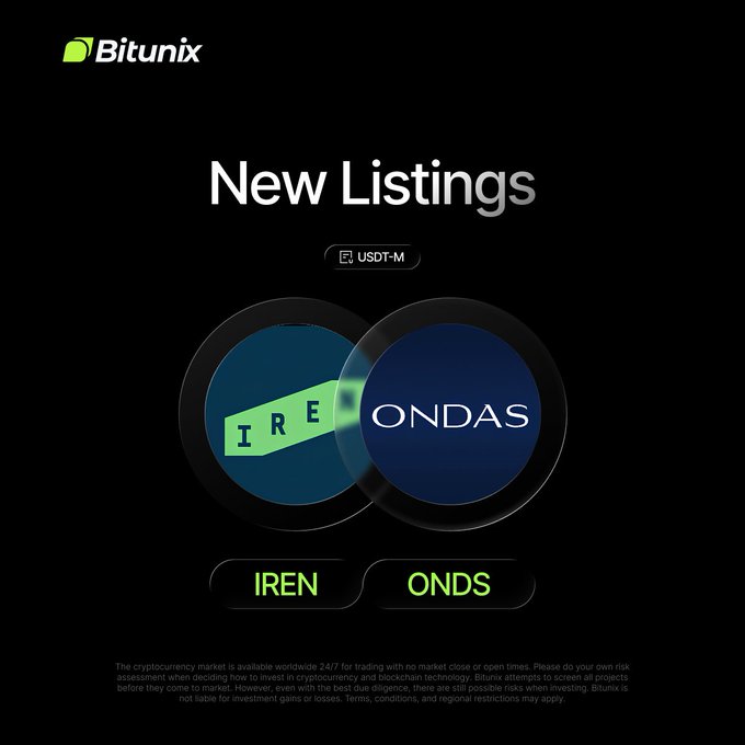 Bitunix announces new futures listings for IREN Ltd ($IREN) and Ondas Holdings Inc ($ONDS) against the USDT-M trading pair.