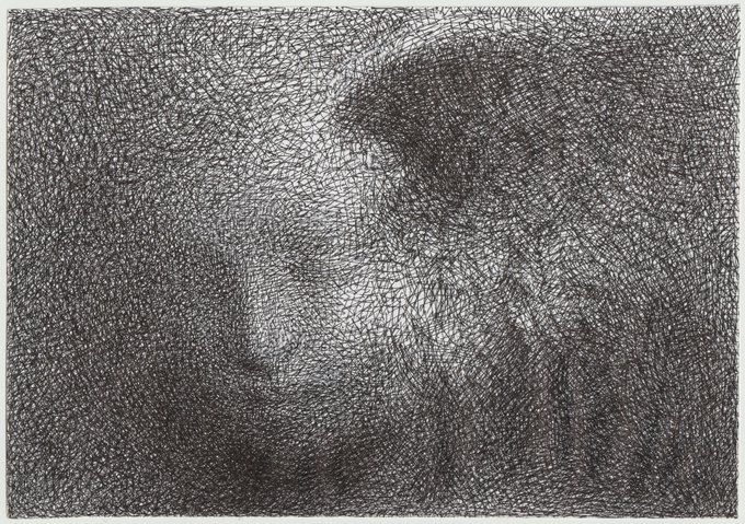 A dense web of fine, intersecting lines emerges from darkness to form a shadowy, veiled figure—an evocative rendering of Hypnos, the Greek god of sleep, his ethereal form barely discernible through the labyrinth of ink strokes that suggest drifting slumber and dreams.